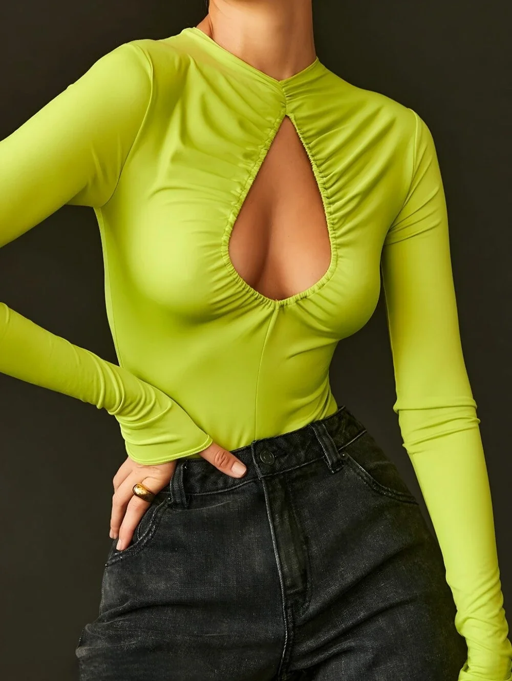 NWT House of CB Green Cut Out Long Sleeve Estrelle Bodysuit, L